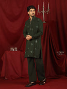 Luxe Men's Japanese Geometric Embroidered with Sequins & Zip Closure Kurta with Trouser Set - Mehndi