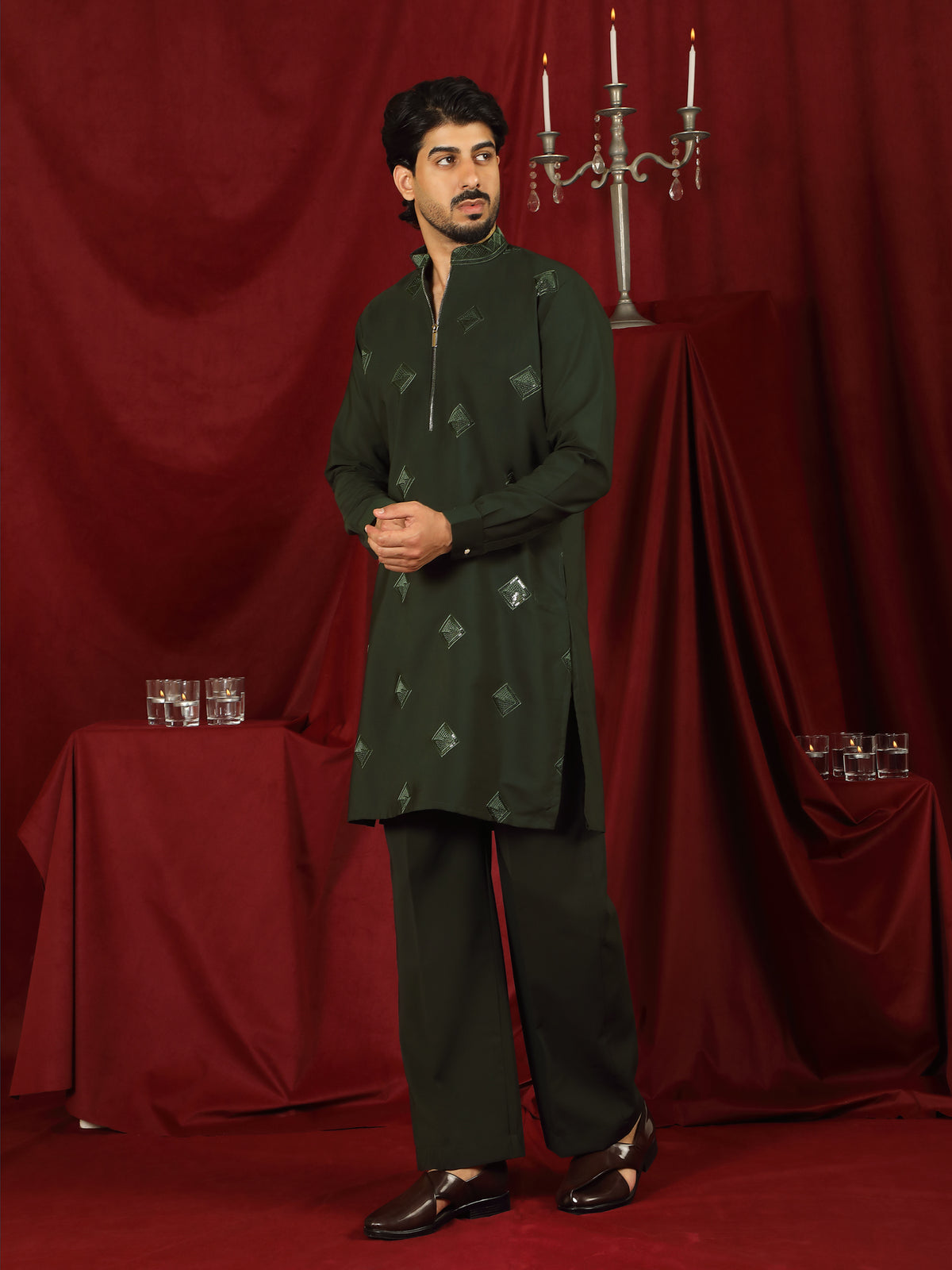 Luxe Men's Japanese Geometric Embroidered with Sequins & Zip Closure Kurta with Trouser Set - Mehndi