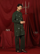 Luxe Men's Japanese Geometric Embroidered with Sequins & Zip Closure Kurta with Trouser Set - Mehndi