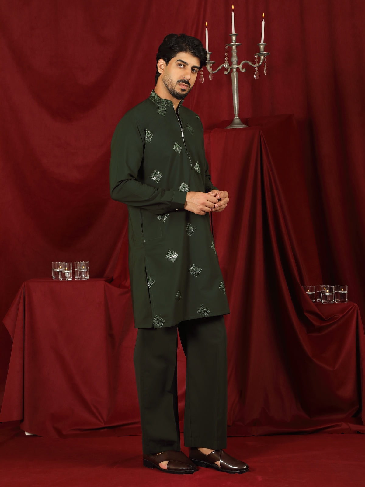 Luxe Men's Japanese Geometric Embroidered with Sequins & Zip Closure Kurta with Trouser Set - Mehndi