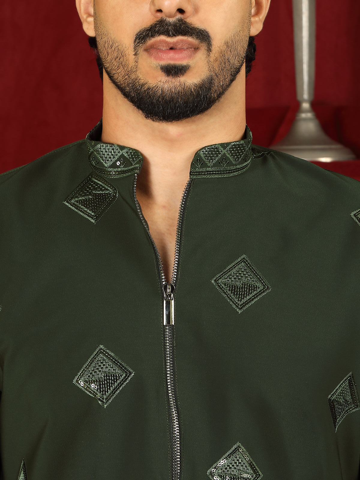 Luxe Men's Japanese Geometric Embroidered with Sequins & Zip Closure Kurta with Trouser Set - Mehndi