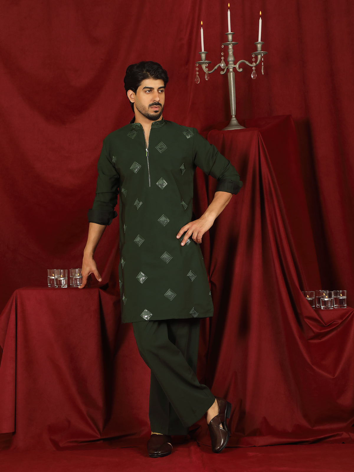 Luxe Men's Japanese Geometric Embroidered with Sequins & Zip Closure Kurta with Trouser Set - Mehndi