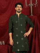 Luxe Men's Japanese Geometric Embroidered with Sequins & Zip Closure Kurta with Trouser Set - Mehndi