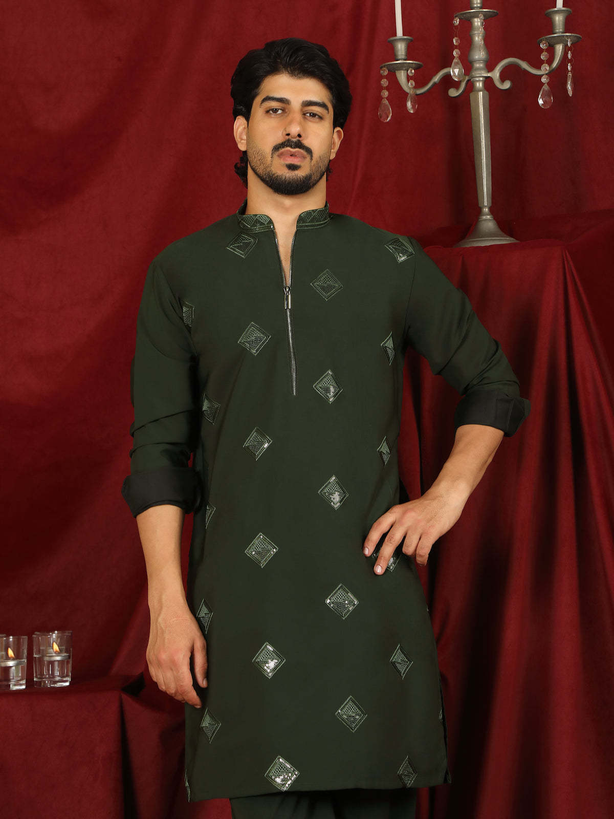 Luxe Men's Japanese Geometric Embroidered with Sequins & Zip Closure Kurta with Trouser Set - Mehndi