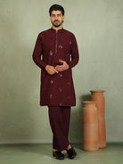 Luxe Men's Japanese Geometric Embroidered with Sequins & Zip Closure Kurta with Trouser Set - Maroon