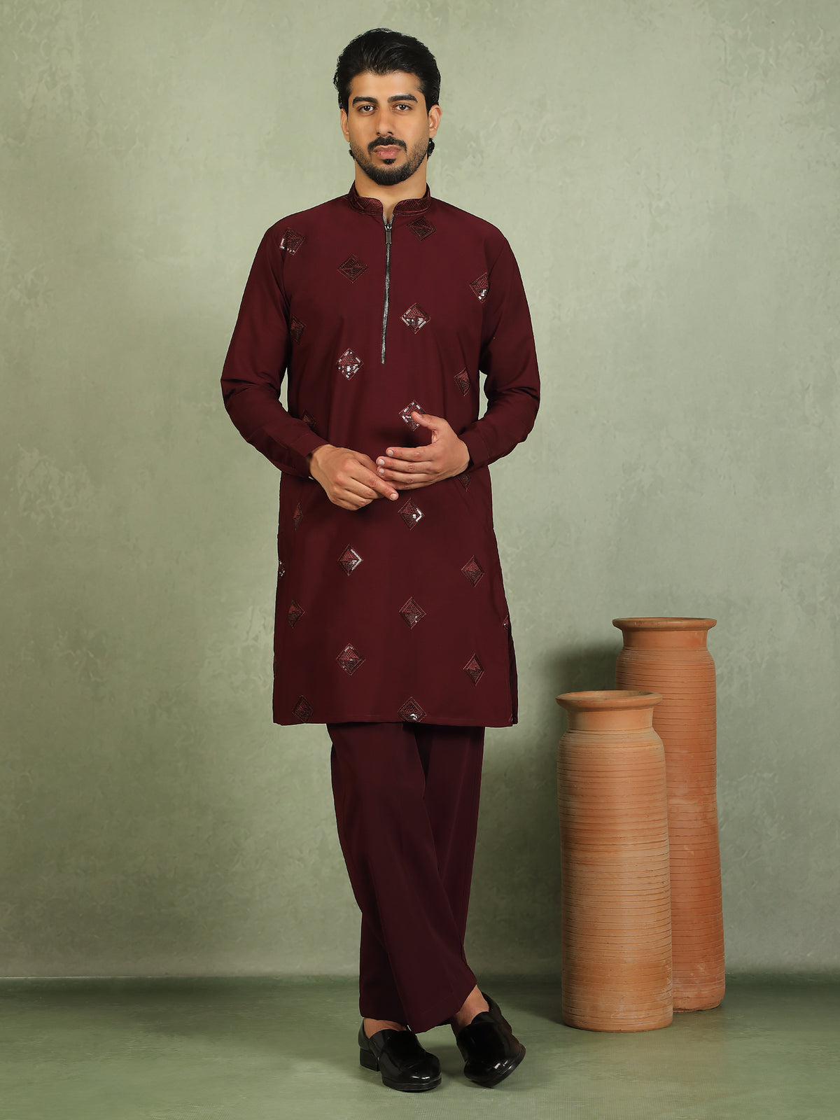 Luxe Men's Japanese Geometric Embroidered with Sequins & Zip Closure Kurta with Trouser Set - Maroon