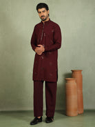 Luxe Men's Japanese Geometric Embroidered with Sequins & Zip Closure Kurta with Trouser Set - Maroon