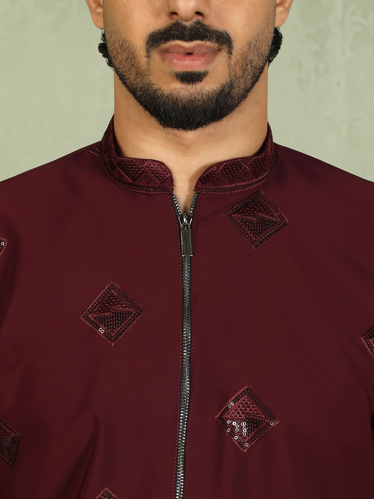 Luxe Men's Japanese Geometric Embroidered with Sequins & Zip Closure Kurta with Trouser Set - Maroon