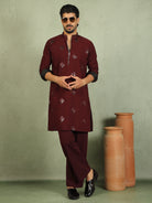 Luxe Men's Japanese Geometric Embroidered with Sequins & Zip Closure Kurta with Trouser Set - Maroon