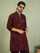 Luxe Men's Japanese Geometric Embroidered with Sequins & Zip Closure Kurta with Trouser Set - Maroon
