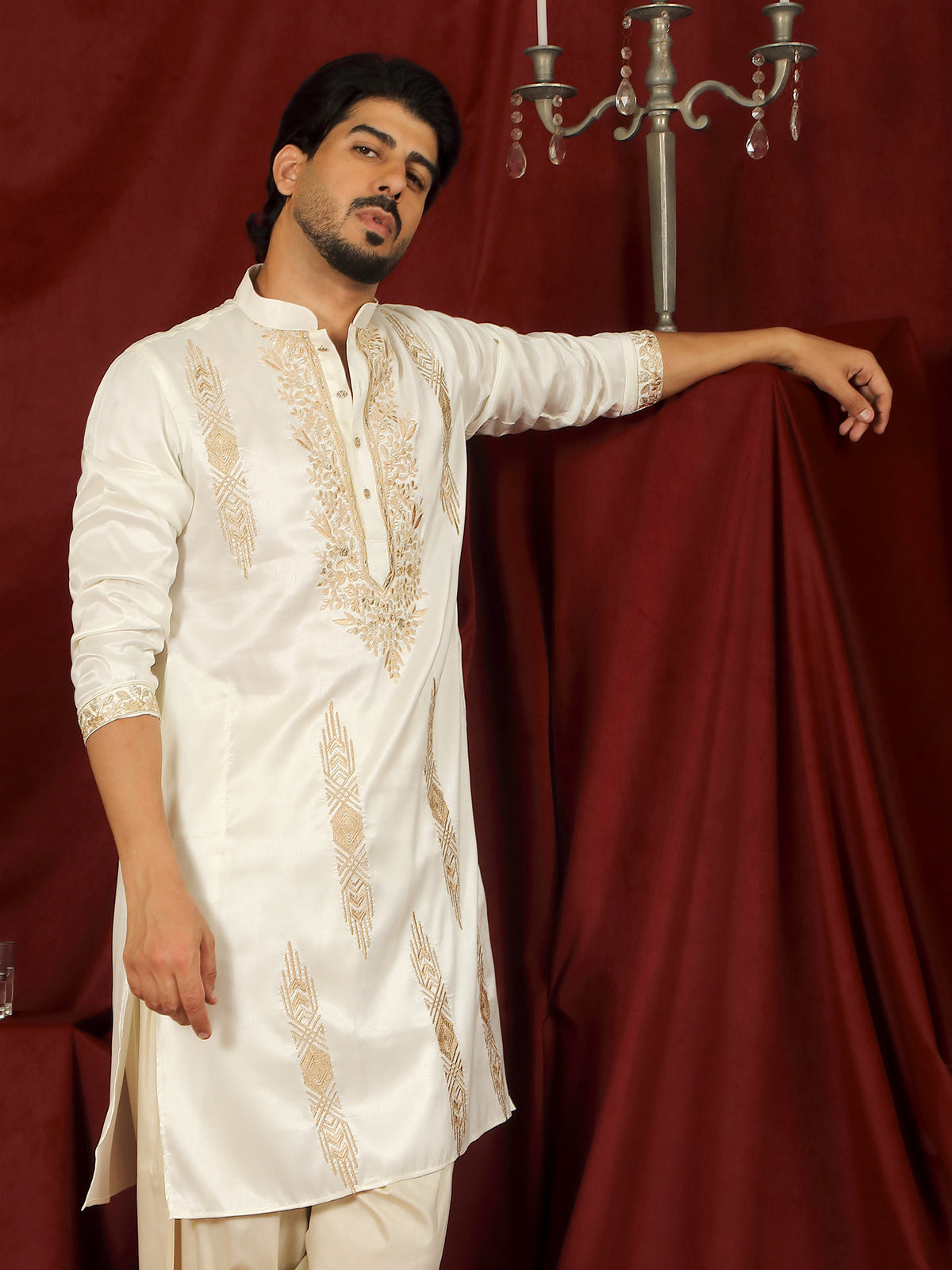 Luxe Men's Tissue Fabric Floral Golden Embroidery with Sequinned Neckline Kurta - Cream