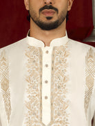 Luxe Men's Tissue Fabric Floral Golden Embroidery with Sequinned Neckline Kurta - Cream