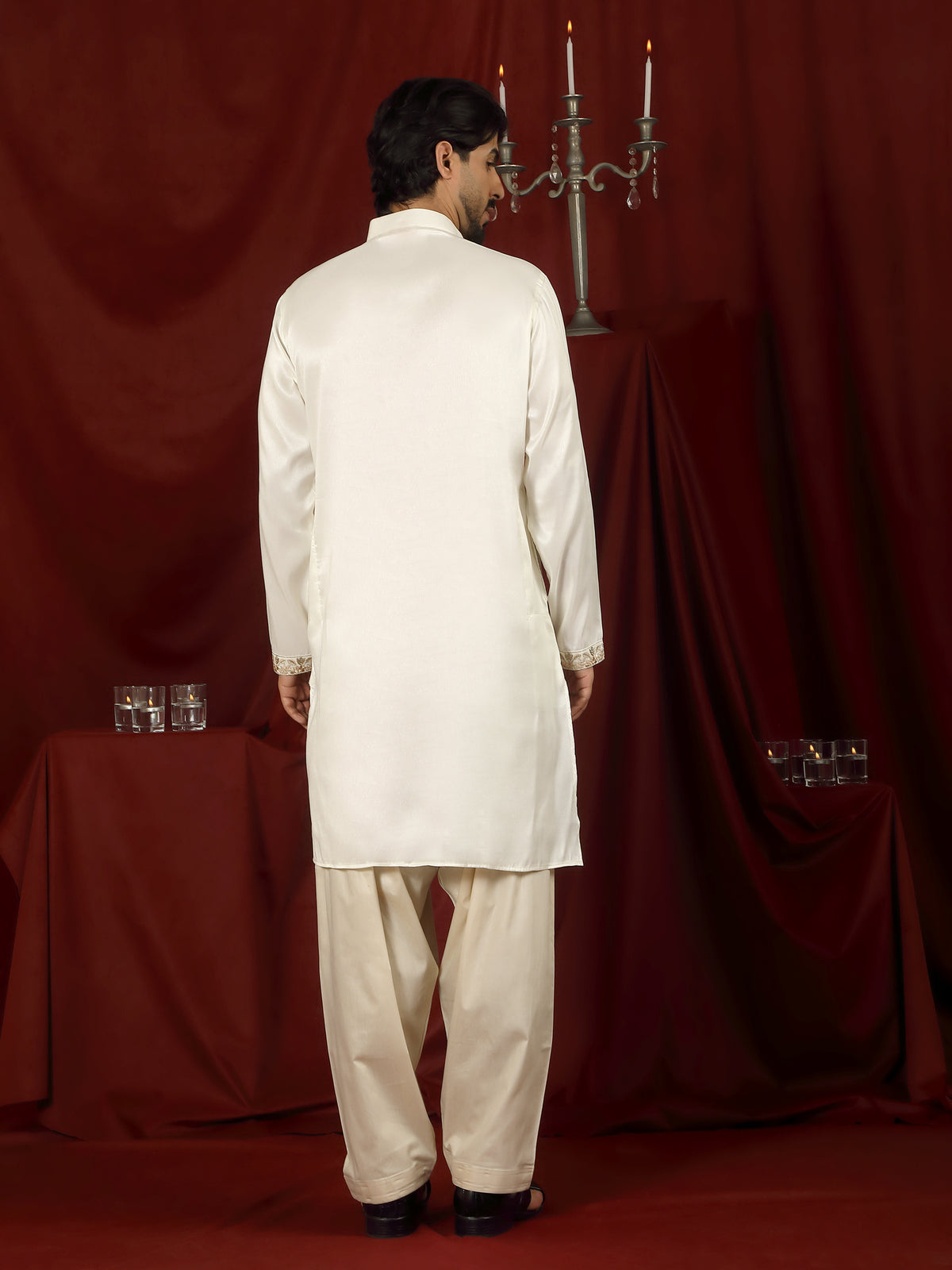 Luxe Men's Tissue Fabric Floral Golden Embroidery with Sequinned Neckline Kurta - Cream