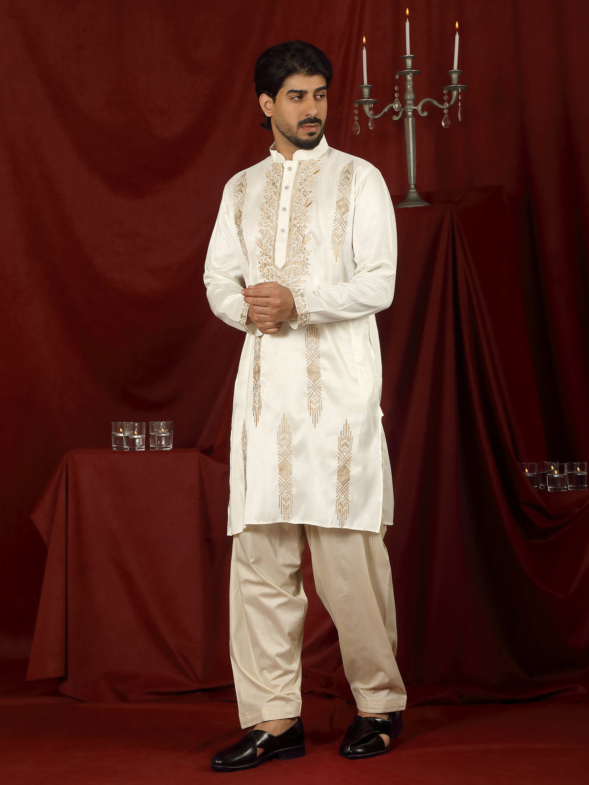 Luxe Men's Tissue Fabric Floral Golden Embroidery with Sequinned Neckline Kurta - Cream