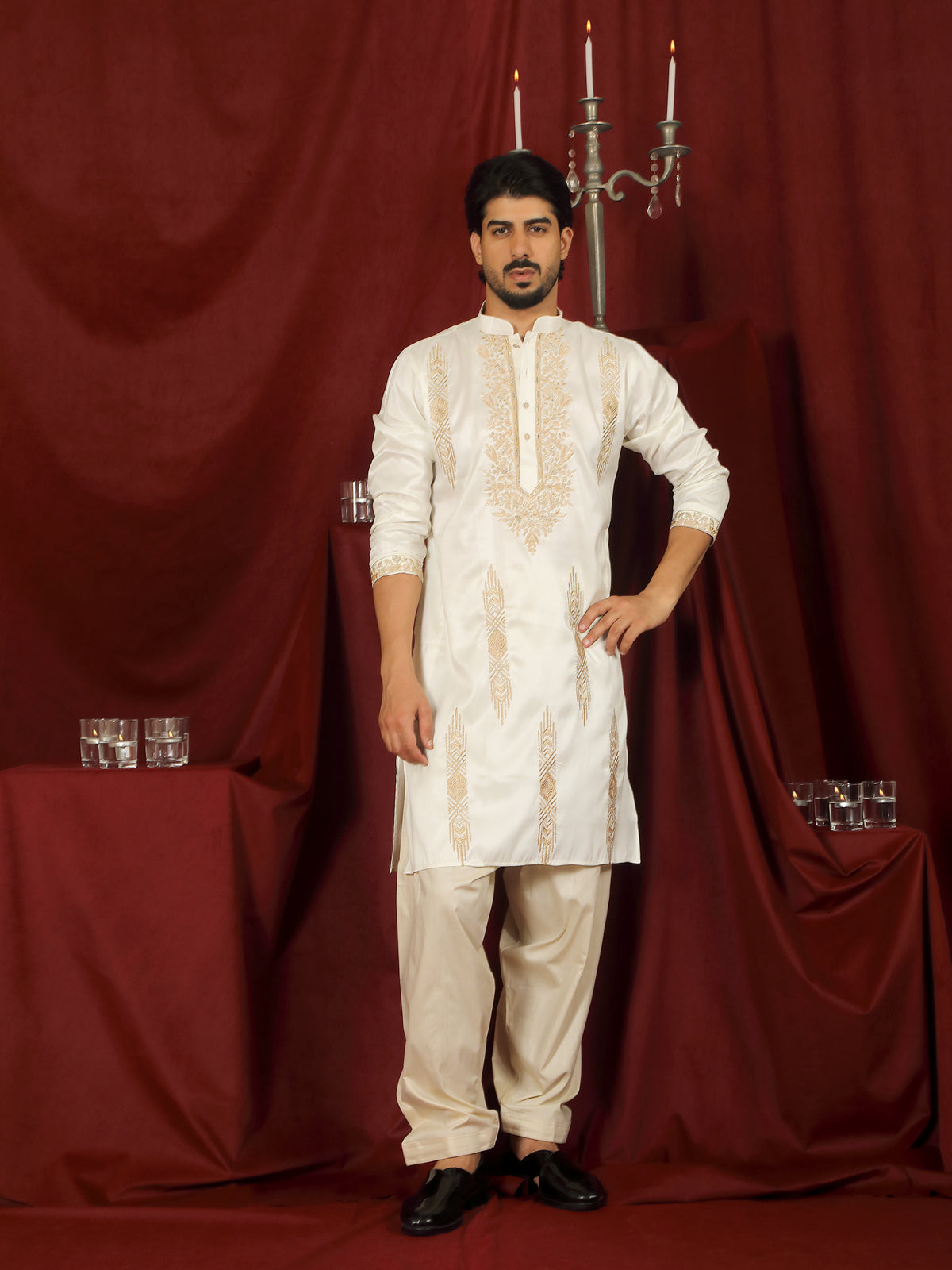 Luxe Men's Tissue Fabric Floral Golden Embroidery with Sequinned Neckline Kurta - Cream