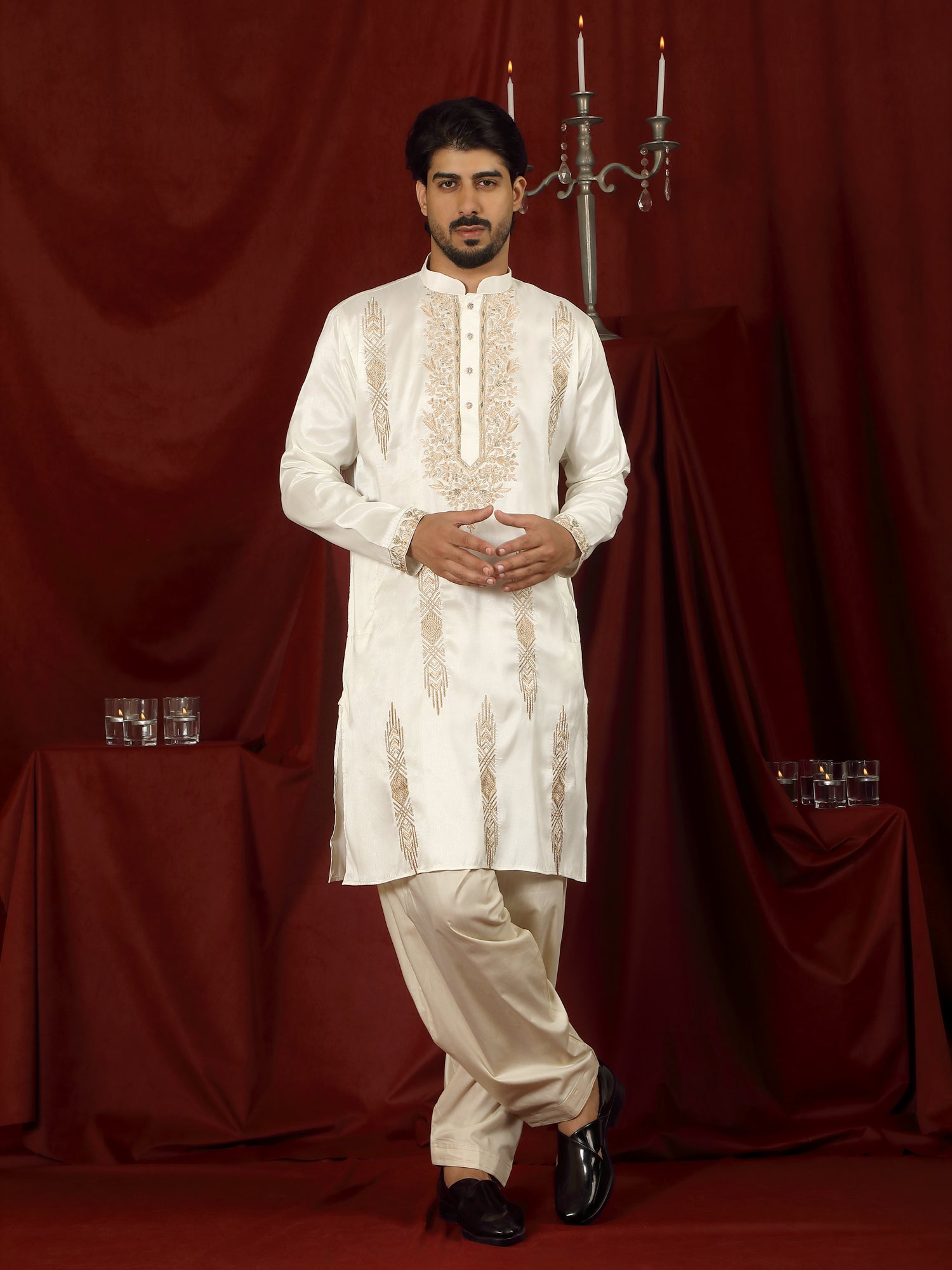 Luxe Men's Tissue Fabric Floral Golden Embroidery with Sequinned Neckline Kurta with Salwar Set - Cream