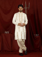 Luxe Men's Tissue Fabric Floral Golden Embroidery with Sequinned Neckline Kurta with Salwar Set - Cream