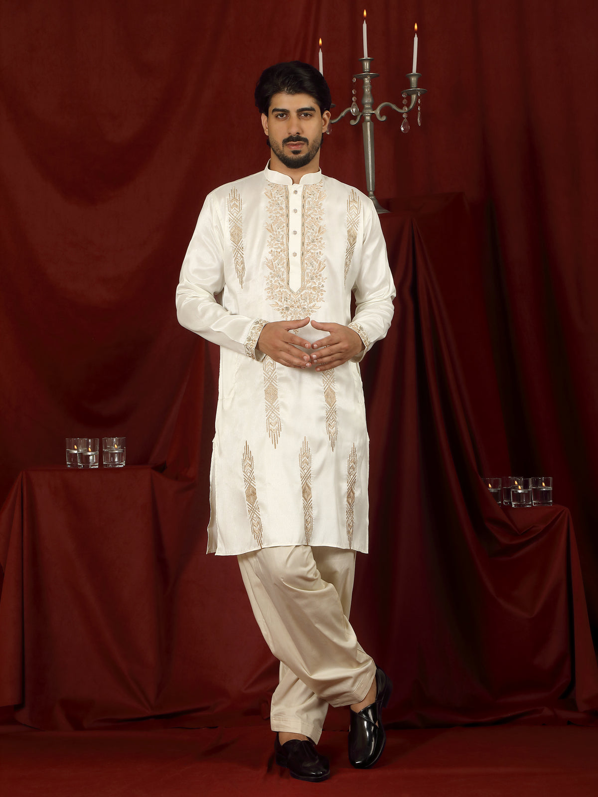 Luxe Men's Tissue Fabric Floral Golden Embroidery with Sequinned Neckline Kurta with Salwar Set - Cream