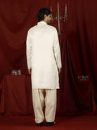 Luxe Men's Tissue Fabric Floral Golden Embroidery with Sequinned Neckline Kurta with Salwar Set - Cream