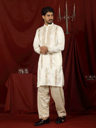 Luxe Men's Tissue Fabric Floral Golden Embroidery with Sequinned Neckline Kurta with Salwar Set - Cream