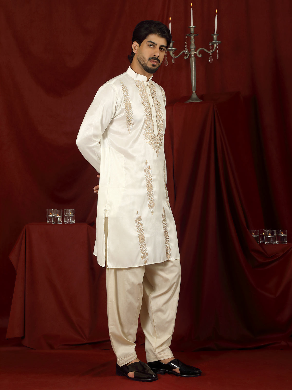 Luxe Men's Tissue Fabric Floral Golden Embroidery with Sequinned Neckline Kurta with Salwar Set - Cream