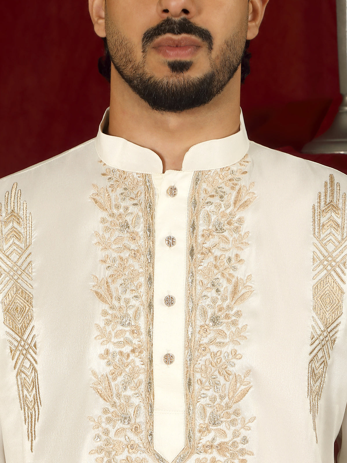 Luxe Men's Tissue Fabric Floral Golden Embroidery with Sequinned Neckline Kurta with Salwar Set - Cream