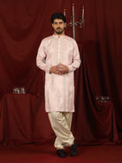 Luxe Men's Tissue Fabric Floral Golden Embroidery with Sequinned Neckline Kurta - Pink