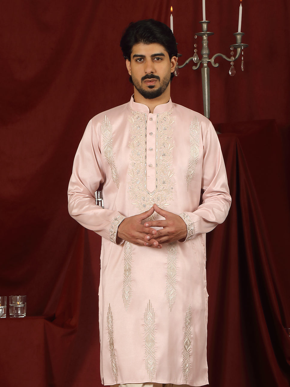 Luxe Men's Tissue Fabric Floral Golden Embroidery with Sequinned Neckline Kurta