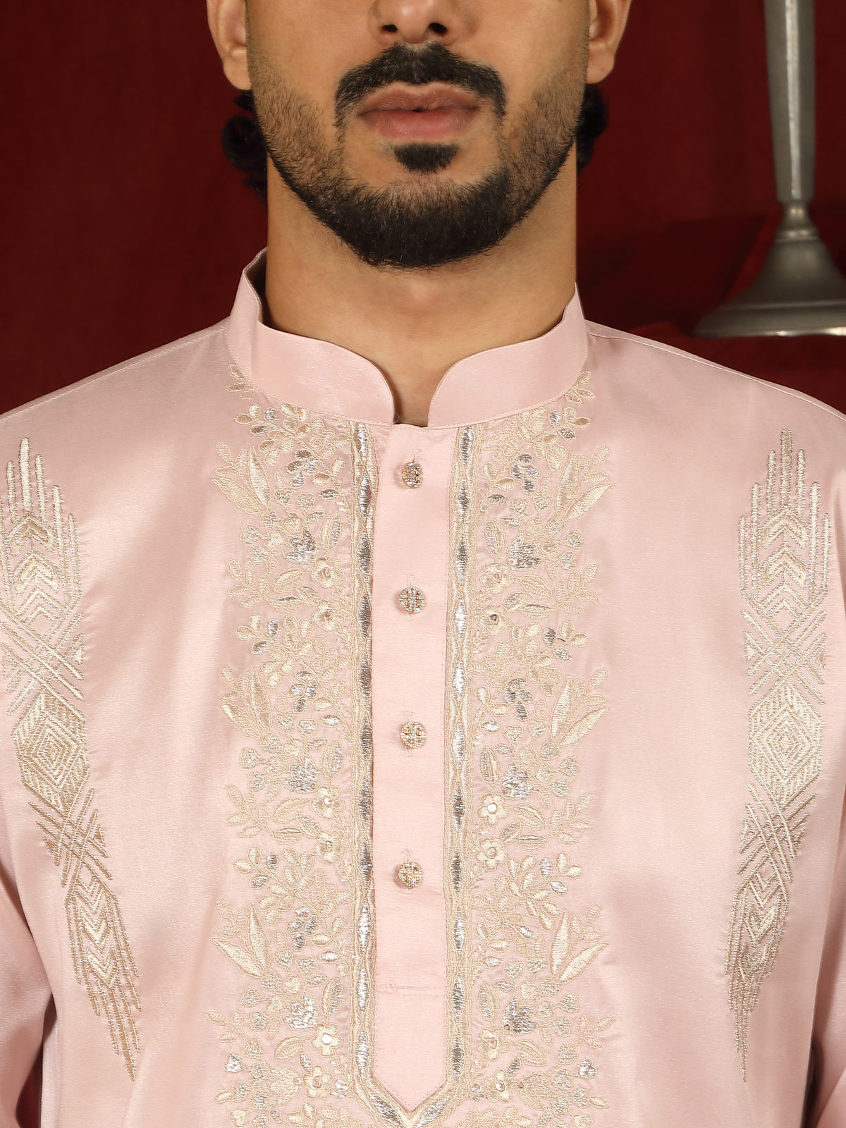 Luxe Men's Tissue Fabric Floral Golden Embroidery with Sequinned Neckline Kurta - Pink