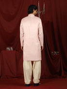 Luxe Men's Tissue Fabric Floral Golden Embroidery with Sequinned Neckline Kurta - Pink