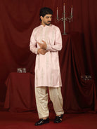 Luxe Men's Tissue Fabric Floral Golden Embroidery with Sequinned Neckline Kurta - Pink