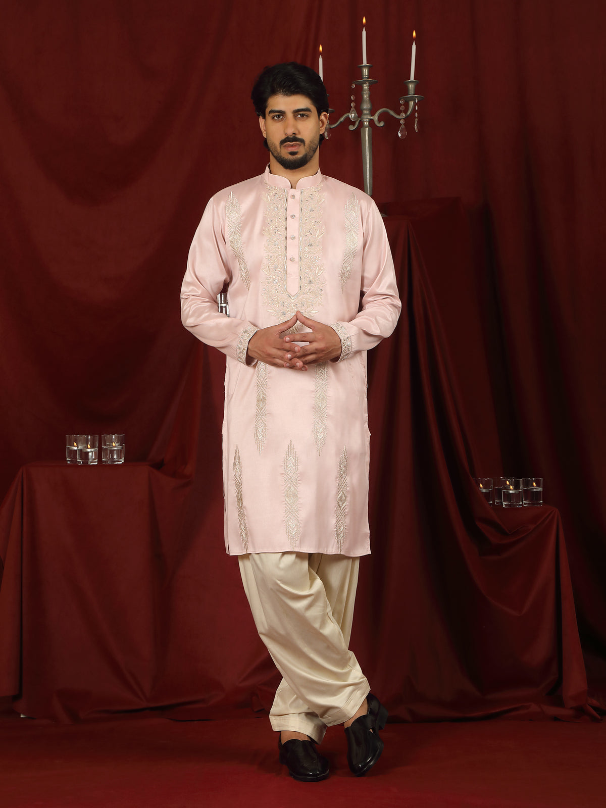 Luxe Men's Tissue Fabric Floral Golden Embroidery with Sequinned Neckline Kurta with Salwar Set - Pink