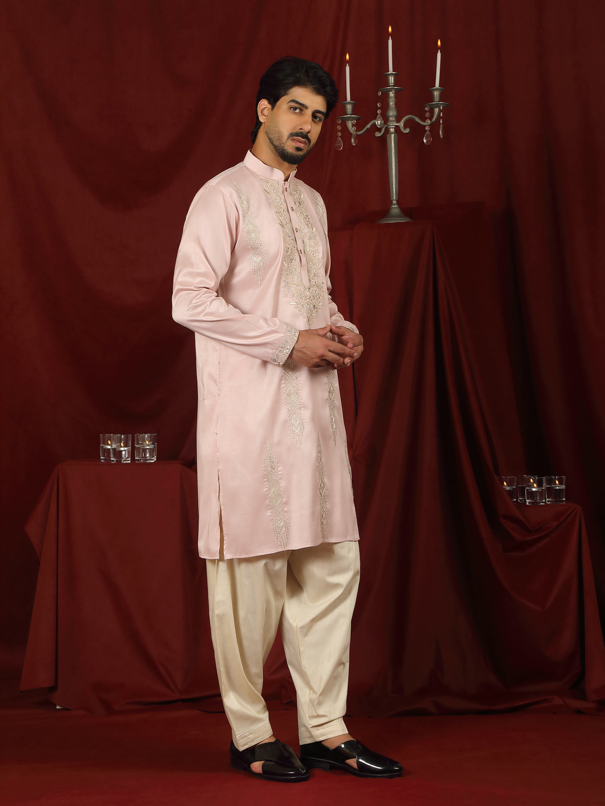 Luxe Men's Tissue Fabric Floral Golden Embroidery with Sequinned Neckline Kurta with Salwar Set - Pink