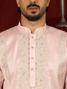 Luxe Men's Tissue Fabric Floral Golden Embroidery with Sequinned Neckline Kurta with Salwar Set - Pink