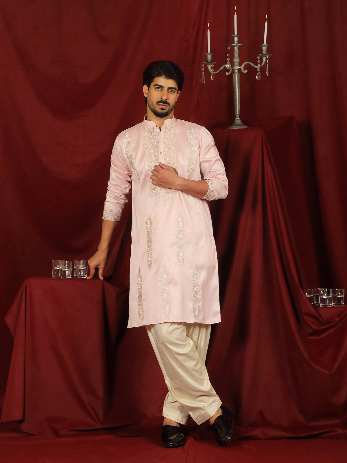 Luxe Men's Tissue Fabric Floral Golden Embroidery with Sequinned Neckline Kurta with Salwar Set - Pink
