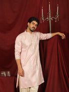 Luxe Men's Tissue Fabric Floral Golden Embroidery with Sequinned Neckline Kurta with Salwar Set - Pink
