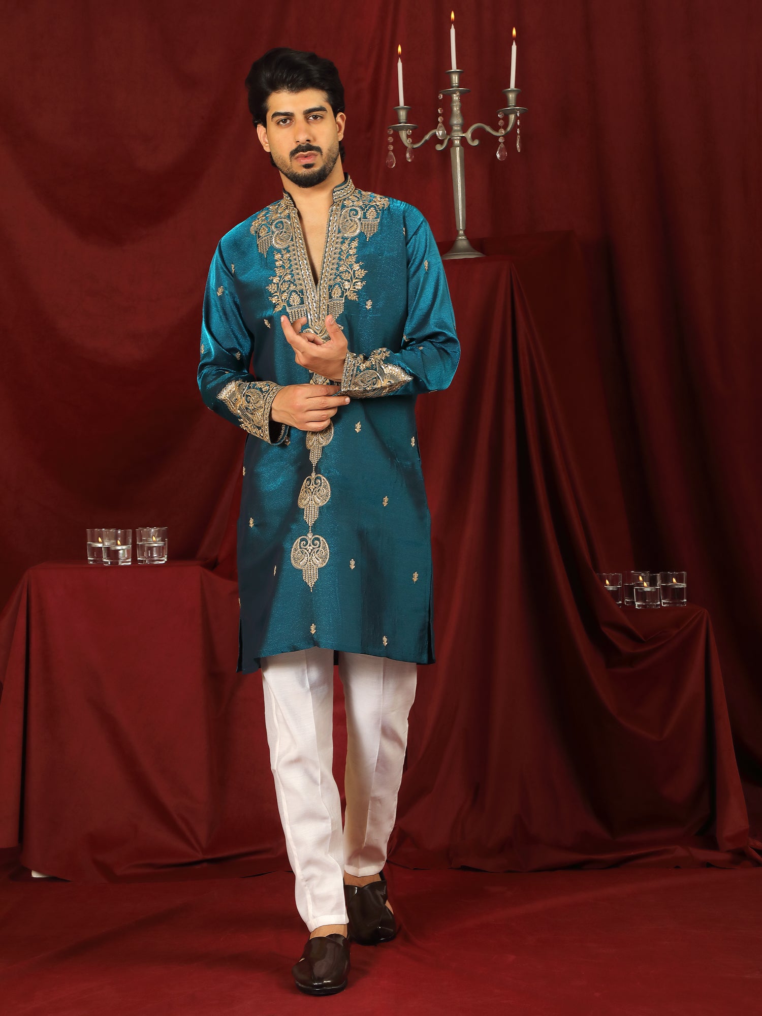 Luxe Men's Tissue Fabric Paisley Designed Embroidery with Sequinned V-Neck Kurta - Blue