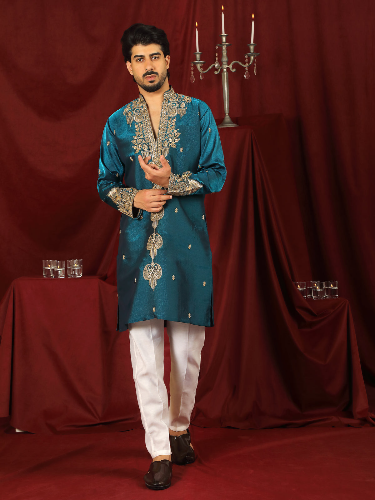 Luxe Men's Tissue Fabric Paisley Designed Embroidery with Sequinned V-Neck Kurta - Blue