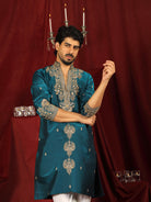 Luxe Men's Tissue Fabric Paisley Designed Embroidery with Sequinned V-Neck Kurta - Blue