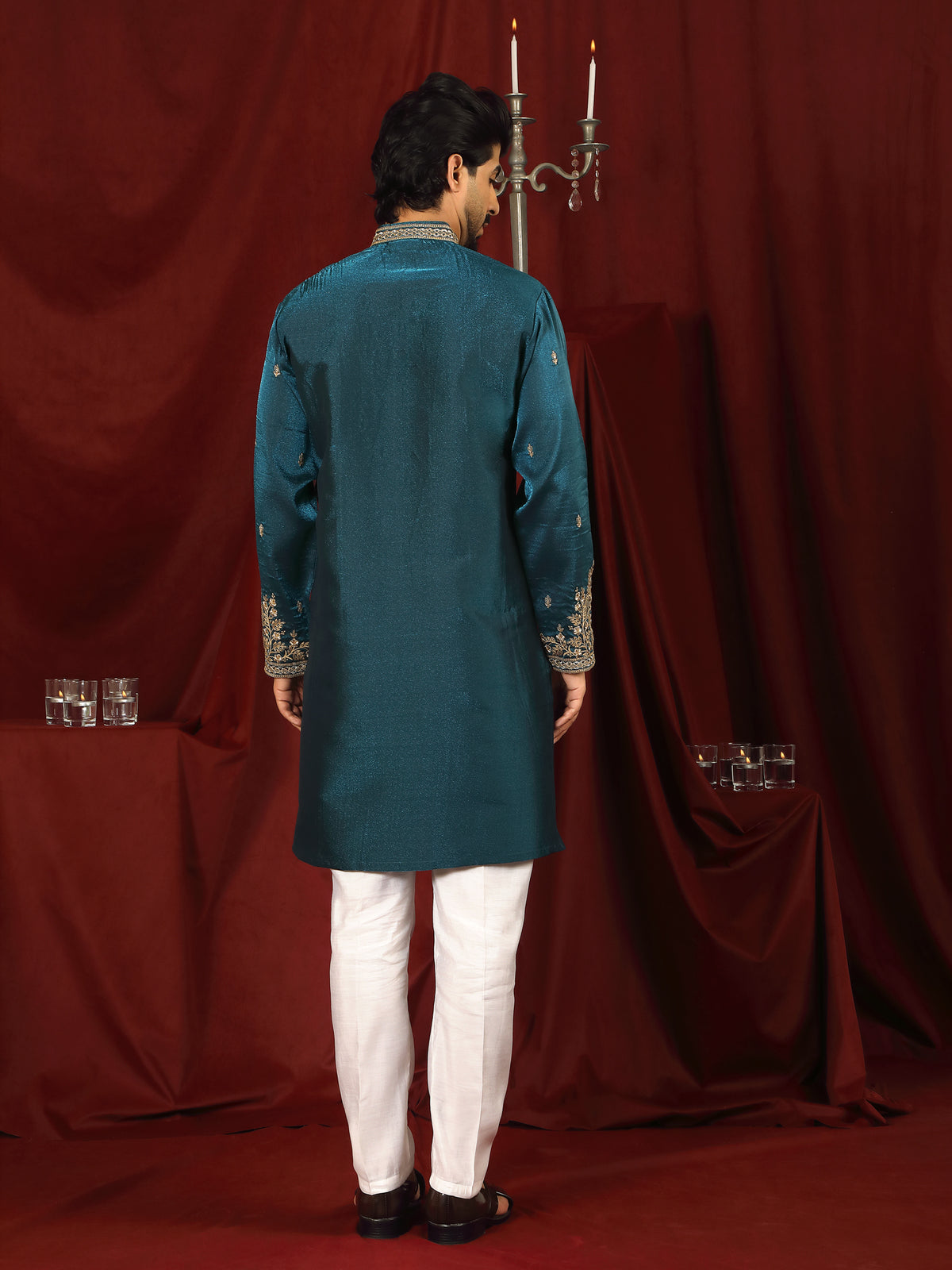 Luxe Men's Tissue Fabric Paisley Designed Embroidery with Sequinned V-Neck Kurta - Blue