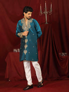 Luxe Men's Tissue Fabric Paisley Designed Embroidery with Sequinned V-Neck Kurta with Trouser Set - Blue