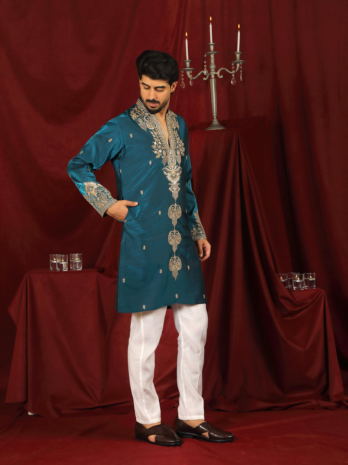Luxe Men's Tissue Fabric Paisley Designed Embroidery with Sequinned V-Neck Kurta with Trouser Set - Blue