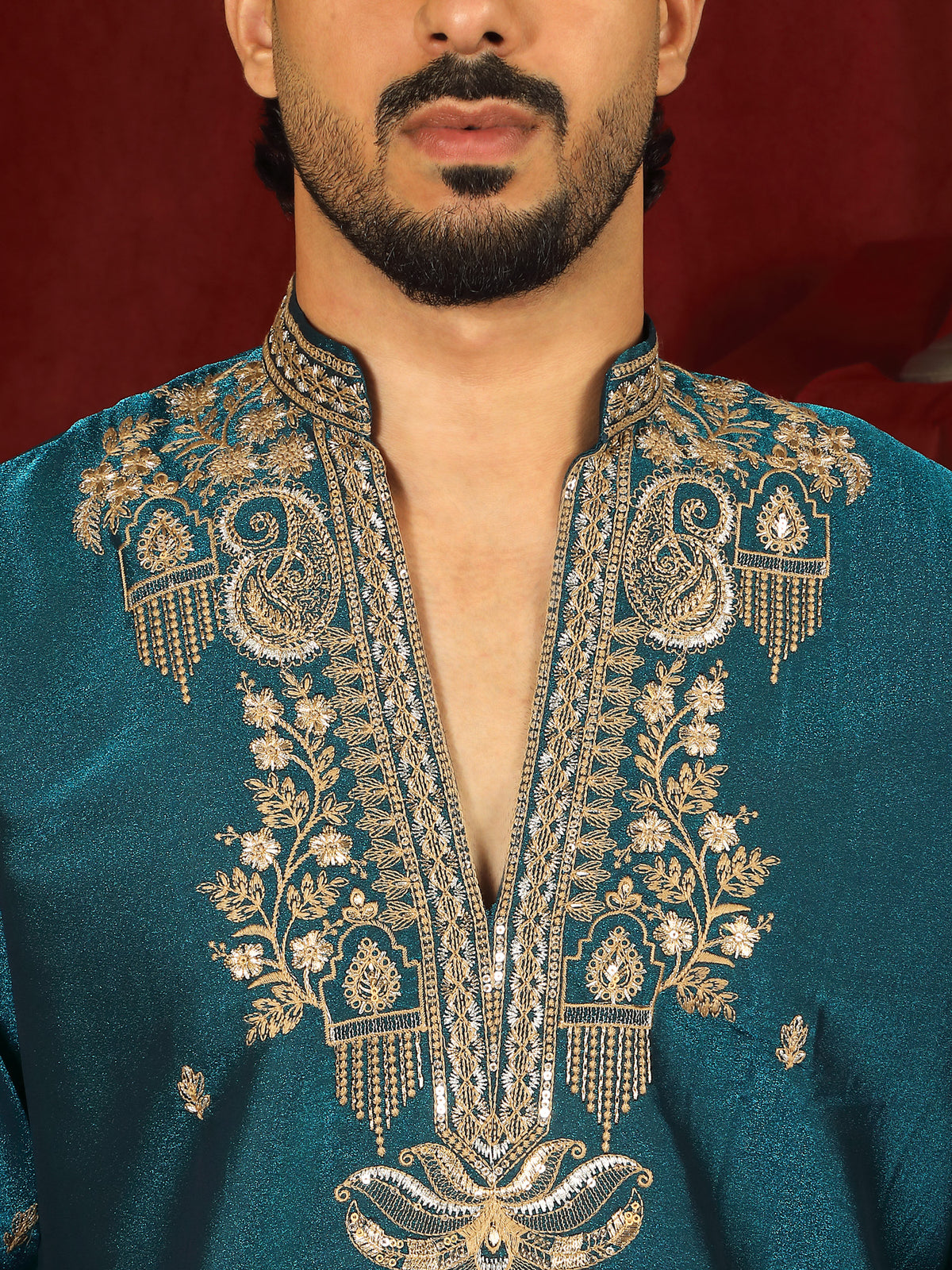 Luxe Men's Tissue Fabric Paisley Designed Embroidery with Sequinned V-Neck Kurta with Trouser Set - Blue