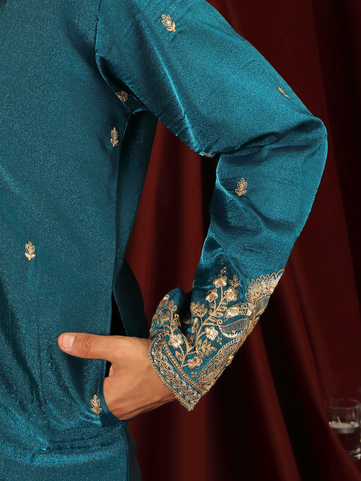 Luxe Men's Tissue Fabric Paisley Designed Embroidery with Sequinned V-Neck Kurta with Trouser Set - Blue