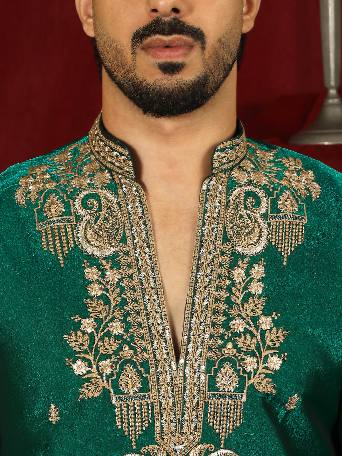 Luxe Men's Tissue Fabric Paisley Designed Embroidery with Sequinned V-Neck Kurta - Green