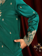 Luxe Men's Tissue Fabric Paisley Designed Embroidery with Sequinned V-Neck Kurta - Green