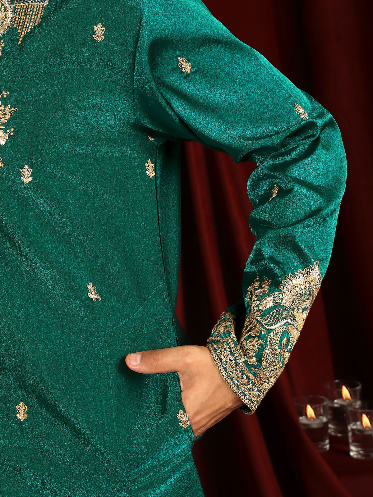 Luxe Men's Tissue Fabric Paisley Designed Embroidery with Sequinned V-Neck Kurta - Green