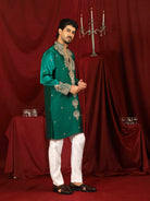 Luxe Men's Tissue Fabric Paisley Designed Embroidery with Sequinned V-Neck Kurta - Green