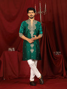 Luxe Men's Tissue Fabric Paisley Designed Embroidery with Sequinned V-Neck Kurta - Green