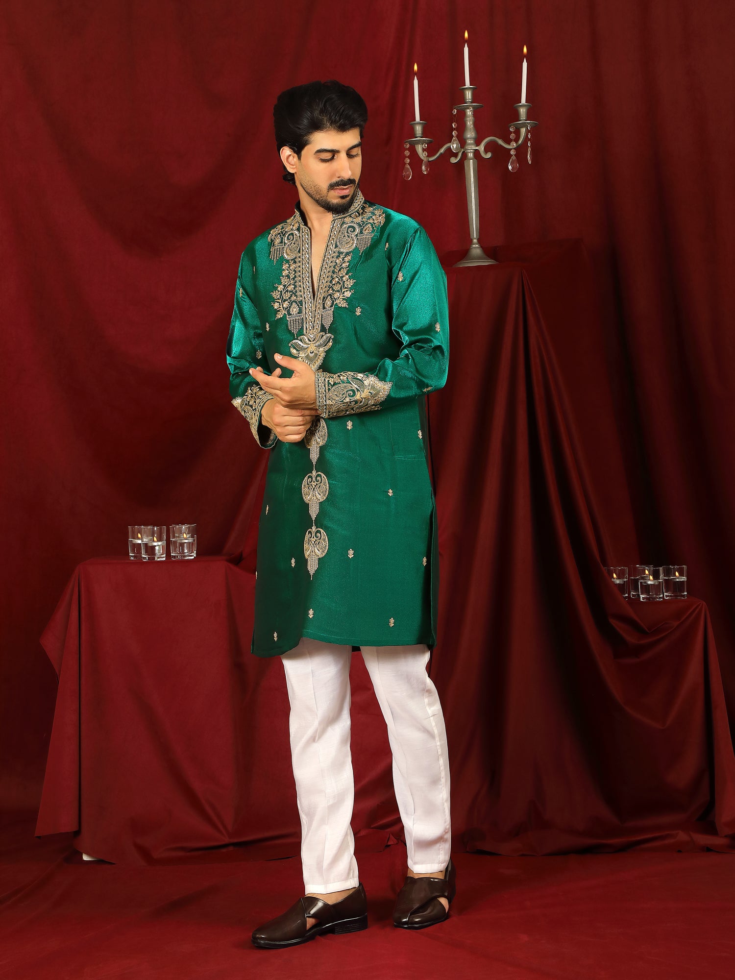Luxe Men's Tissue Fabric Paisley Designed Embroidery with Sequinned V-Neck Kurta with Trouser Set - Green